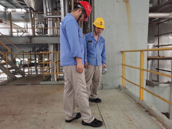 1690796260208911.jpeg 7月27日,尿素車間工藝主任王慶振和技術組長曾迎軍檢查現場防雷接地線情況.jpg